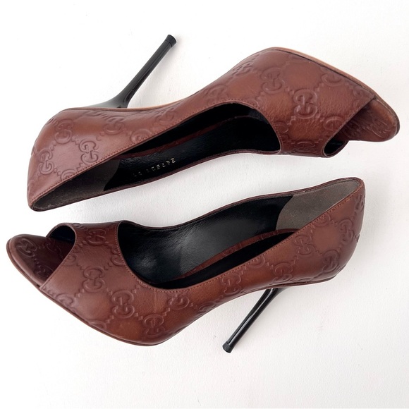 GUCCI | Vintage Guccissima GG Logo Brown Leather Peep Toe High Heel Pumps EU 37 - Picture 13 of 13